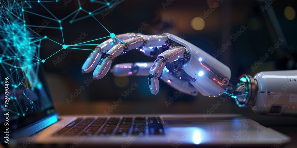 Aufkleber robotic hand interacting with a digital representation of a neural network on a laptop screen
