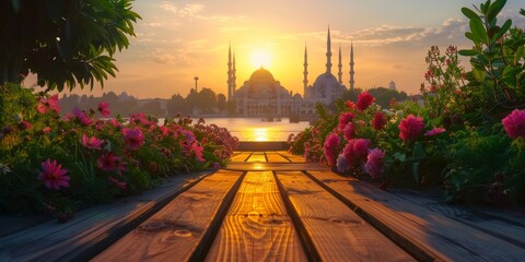 View of a historic mosque from a wooden platform amidst flowering plants at sunrise