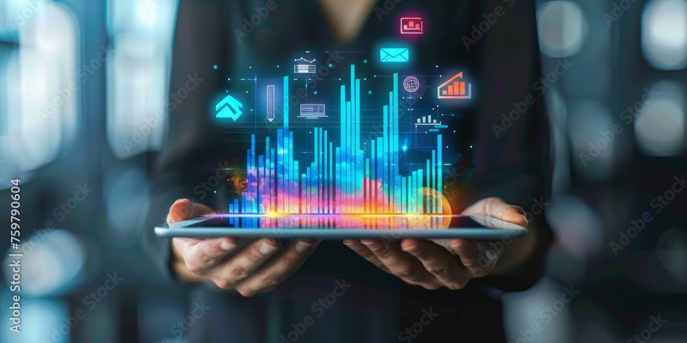 Poster hand holding a tablet displaying 3d financial charts and graphs with digital icons