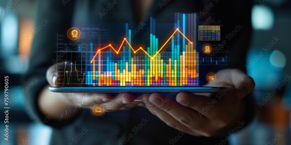 Poster hand holding a tablet displaying 3d financial charts and graphs with digital icons