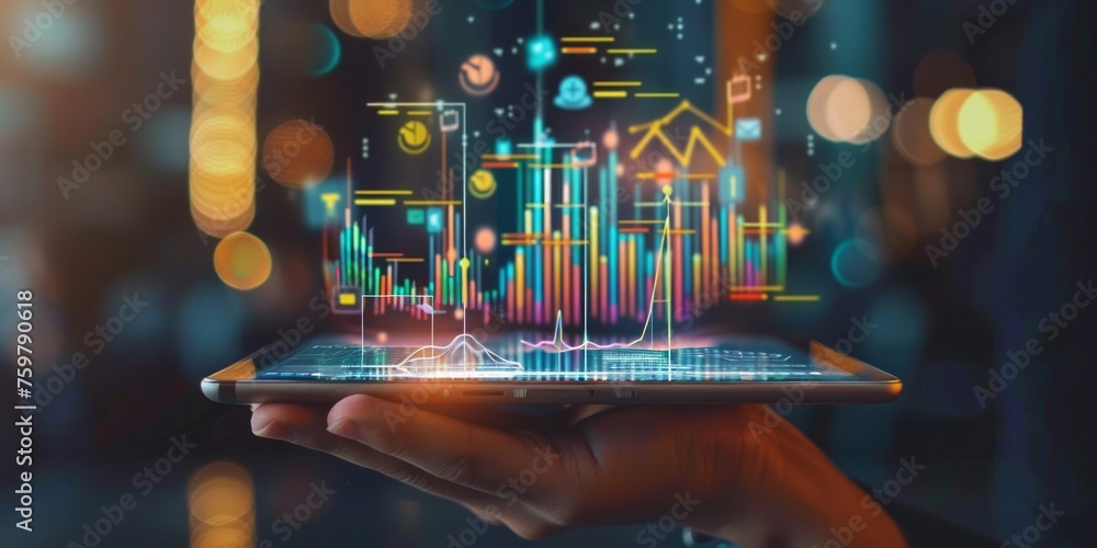 Poster hand holding a tablet displaying 3d financial charts and graphs with digital icons