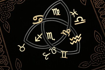 Zodiac signs on dark book, flat lay