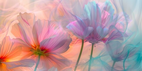 Fototapeta na wymiar Artistic representation of colorful, blooming flowers in a fluid, abstract style