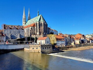 Panorama of the old town and the church in Görlitz from the border bridge between Germany and Poland