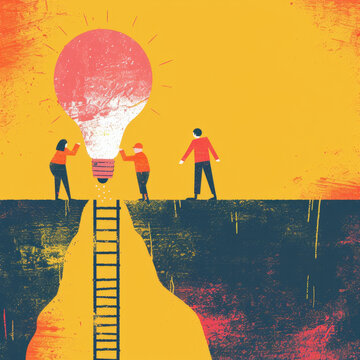 Colorful Line Illustration of Leadership Training Handbook: Builders Connecting Cliffs with Bridge Gen AI