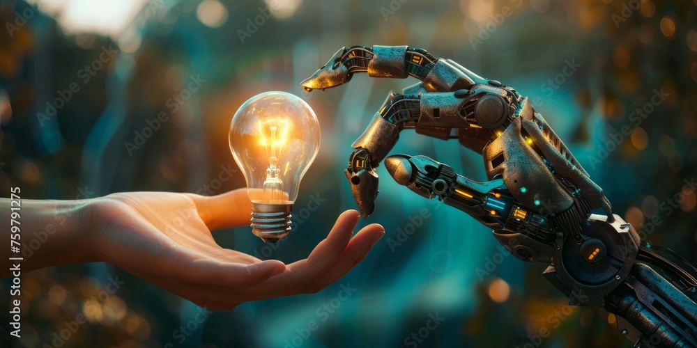 Poster a robot and human hand reaching towards each other with a glowing light bulb between them