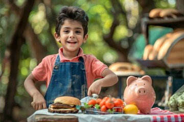 A child happily as a young merchant for making hamburger and selling hamburger at a small stall,...