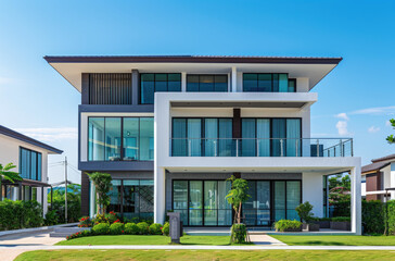 Fototapeta na wymiar Modern house exterior design in the village of Thailand with blue sky, green grass and trees background, real estate concept