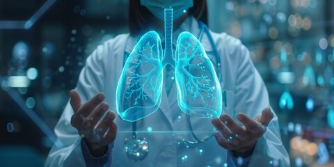 Doctor holding a holographic display of human lungs