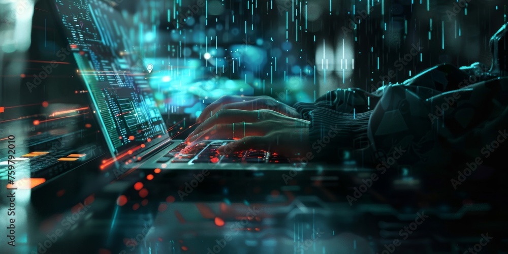 Poster person using laptop with futuristic data analytics interface