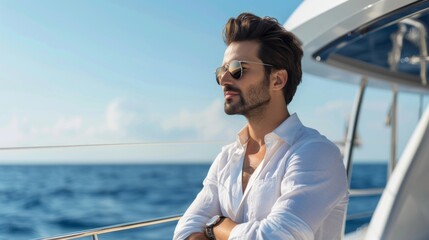 A man in elegant casual clothes and sunglasses on the deck of a yacht, meticulous designer style. The concept of a business and successful man who relaxes on a business trip.