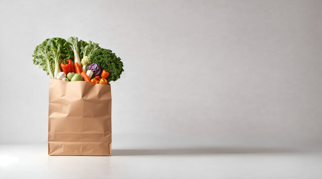 Fresh vegetables inside paper bag. Groceries. Brown paper shopping bag filled by vegetables. Copy space for text. Market shopping image theme