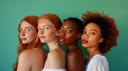 Obraz premium Diverse Female Faces Side by Side Against a Teal Background