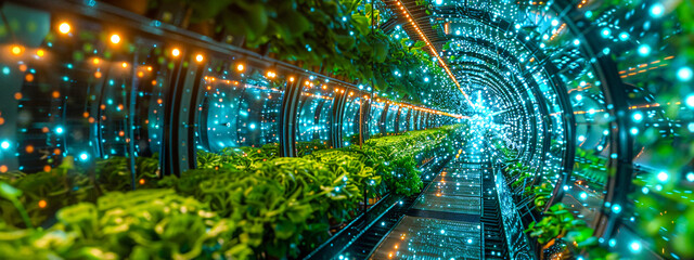 Fototapeta na wymiar Modern Agriculture Goes Vertical: Inside a High-Tech Greenhouse, Hydroponic Farming of Lettuce Under LED Lights