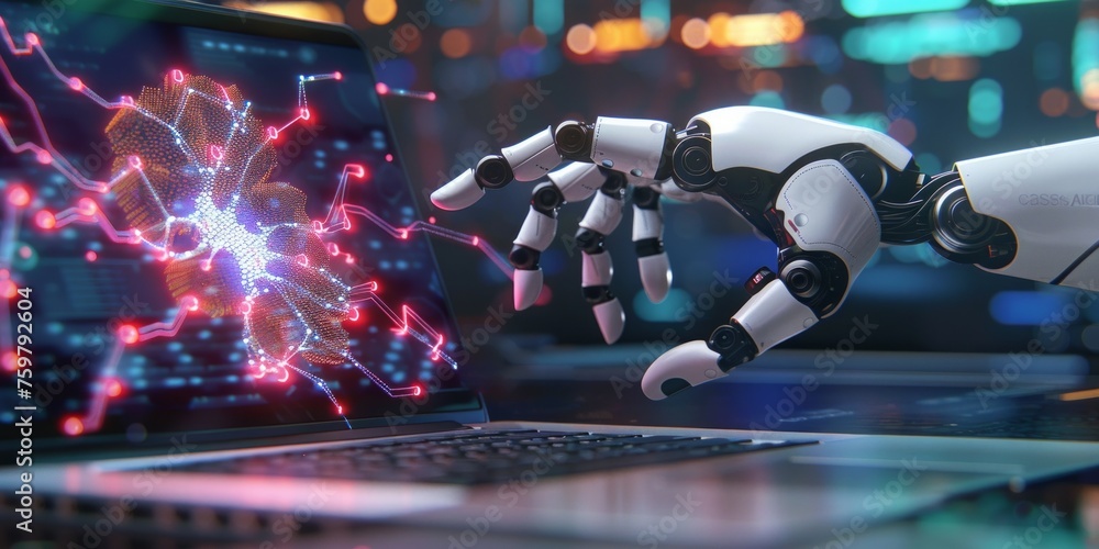 Poster robotic hand interacting with a digital representation of a neural network on a laptop screen