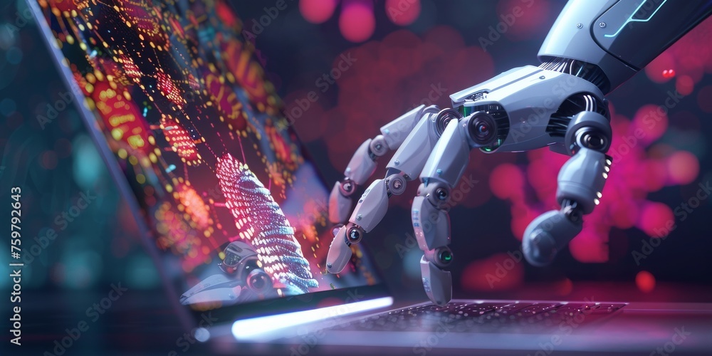 Aufkleber robotic hand interacting with a digital representation of a neural network on a laptop screen