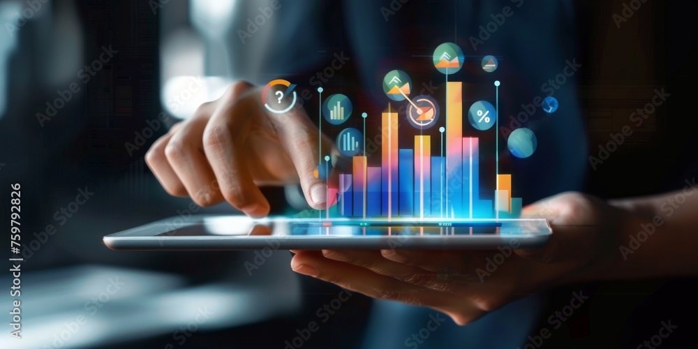 Poster hand holding a tablet displaying 3d financial charts and graphs with digital icons