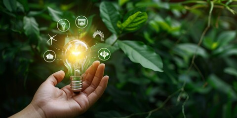 Hand holding a light bulb with icons of sustainable energy sources and green technology