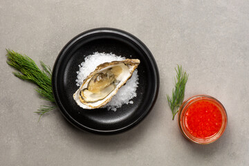 Half shell shucked oysters on a bed of salt