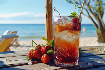 fruity cocktail with and from summer fruits, beach in the background, summer vibes and beach time - obrazy, fototapety, plakaty