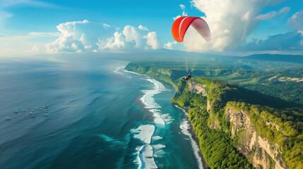 Paragliding in the sky. Paraglider tandem flying over the sea with blue water and mountains in bright sunny day. Aerial view of paraglider - obrazy, fototapety, plakaty