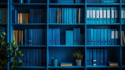 Illuminated blue cabinet showcasing vibrant folders