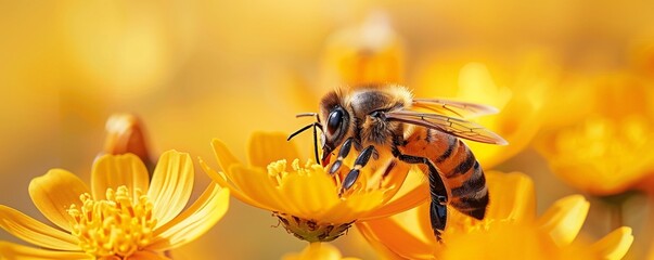 Close up bee flies near a flower collecting nectar in spring created by ai - obrazy, fototapety, plakaty