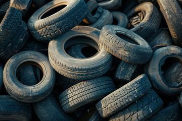 Large stack of old tires on top of another pile of tires, environmental waste and recycling concept