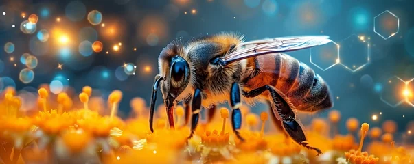 Crédence de cuisine en verre imprimé Abeille Close up bee flies near a flower collecting nectar in spring created by ai