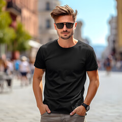 Male Model in Black Shirt in the City - Generative AI