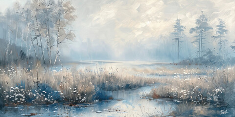 Obraz na płótnie Canvas Misty River Landscape with Trees, Fog, Blue Sky, and White Flowers in Oil Painting