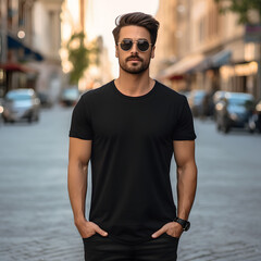 Male Model in Black Shirt in the City - Generative AI