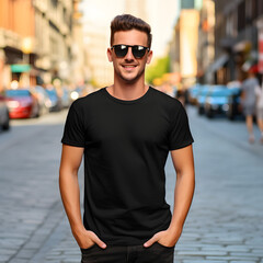 Male Model in Black Shirt in the City - Generative AI