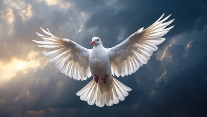 White dove on dark sky background. The Holy Spirit. A bird of peace, kindness and hope
