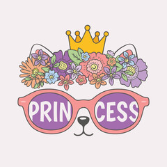 Princess slogan text, cute cat girl face with wreath, crown, sunglasses
