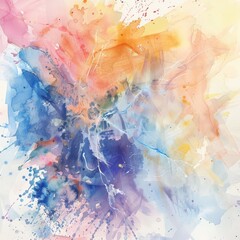 Splendid abstract watercolor with a dynamic array of orange, pink, and blue tones, splattered with lively drips and lines.
