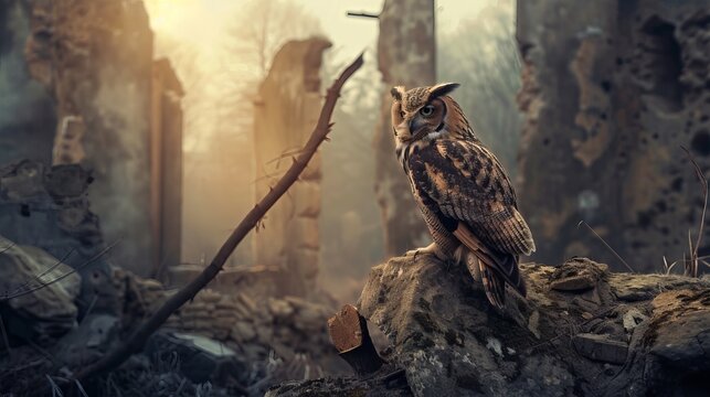 Majestic Owl Perched Amidst Crumbling Ancient Ruins at Dawn: A Serene Guardian Observing Time’s Forgotten Remnants