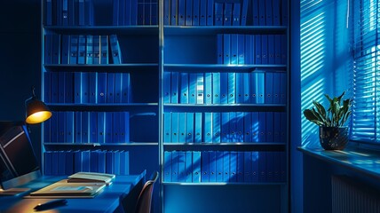 Illuminated blue cabinet showcasing vibrant folders - obrazy, fototapety, plakaty