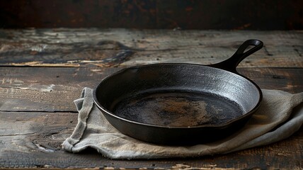 Cast iron skillet on a worn counter with kitchen towel