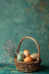 Easter eggs in basket on green rustic texture background.