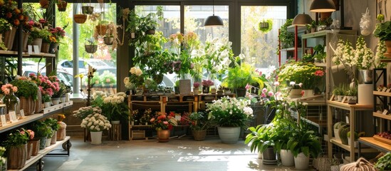 Fototapeta na wymiar Flower Shop Interior Decor and Plants Display 