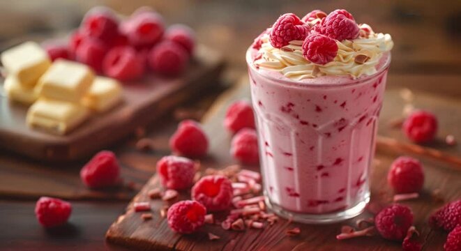 Raspberry and white chocolate milkshake, decadent dessert drink theme
