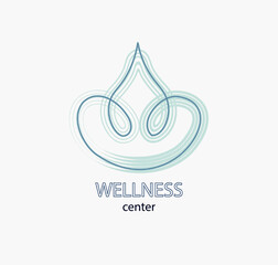 wellness logotype in light blue green color with a lotus  element with lines, calm and peace element, logo for health and wellness industry 