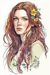 watercolor sketch of a girl with green eyes