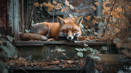 Fototapeta premium Tranquil Fox Amidst Overgrown Greenery and Decayed Structures