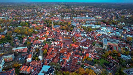 Aerial of the old town around the city Lingen in Germany on a cloudy noon in fall
