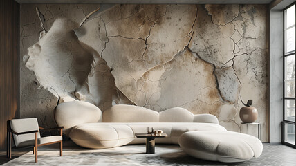 Modern sofa in a room with a distressed concrete wall.