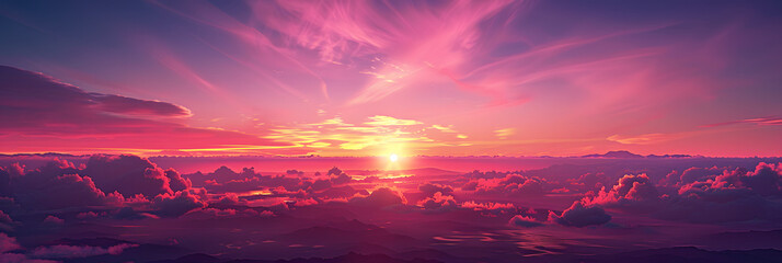 Panoramic photo, view of a pink and purple sky at sunset. Sky panorama background, header and web banner
