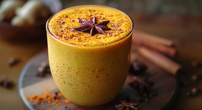 Golden turmeric milk drink, cinnamon sprinkle, star anise, ancient spices theme