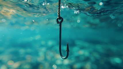 Macro shot of a single hook against clear blue water - obrazy, fototapety, plakaty